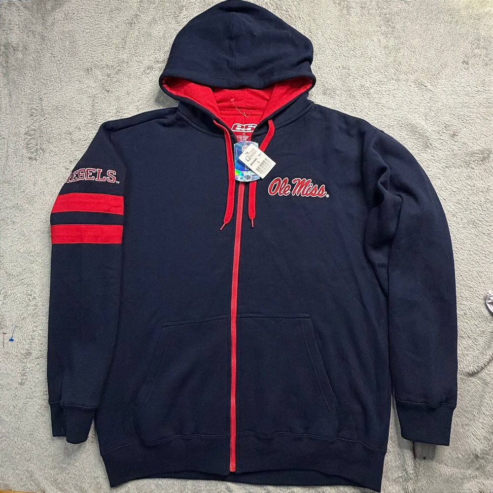 E5 Ole Miss Rebels Hoodie Mens Large Navy Blue Full Zip Fleece Sweatshirt NWT